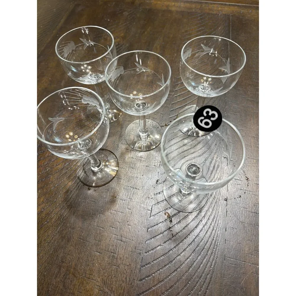 Vintage Etched Glass Wine Claret Glass Set Of 5 Stemware 4 3/4